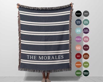 Custom Family Name Cotton Blanket: Personalized Last Name Keepsake , Striped Woven Throw with Fringe, Home Decor Gift for Mom