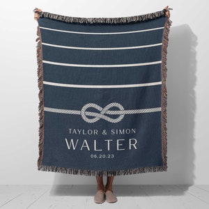 Personalized Wedding Blanket Keepsake Gift for newlyweds, Tie the knot nautical beach Custom Cotton Anniversary Gift, woven Throw with names