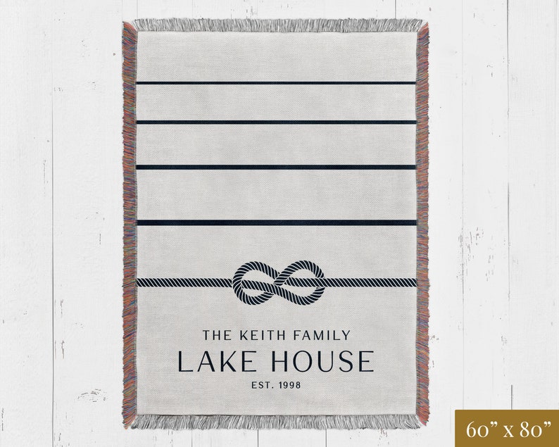 custom blue and white lakehouse woven throw blanket personalized with family name and established year