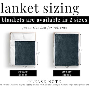 May include: A diagram showing the two sizes of blankets available: 50 inches by 60 inches and 60 inches by 80 inches. The diagram shows the blankets on a queen-sized bed for reference. The text "PLEASE NOTE" is below the diagram. The text below "PLEASE NOTE" reads: "designs on 60"x80" blankets may be slightly altered from 50"x60" example blankets to fit the different aspect ratio"