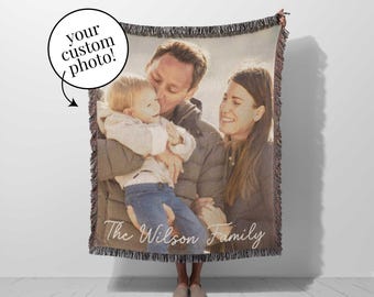 Custom Family Photo Blanket: Personalized Woven Throw with Picture, Keepsake Gift for Mom