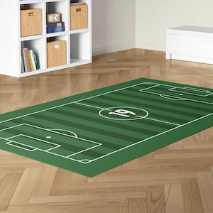 custom green soccer football field play mat rug in play room personalized with sports jersey number