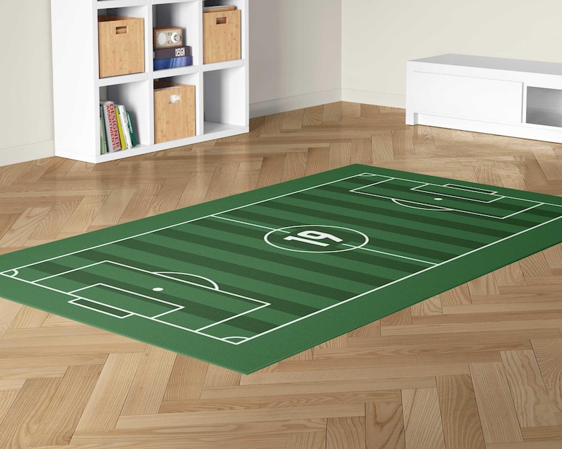 custom green soccer football field play mat rug in play room personalized with sports jersey number