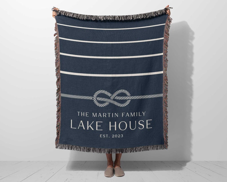 custom blue and white lakehouse woven throw blanket personalized with family name and established year