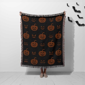 Pumpkin Throw Blanket Halloween Decor, Woven Tapestry Blanket, jack o lantern, home decor, black and orange decorations, spooky season  gift