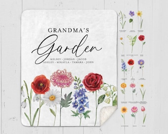 Personalized Grandma's Garden Blanket: Custom Birth Flower Throw, Grandkids Names, Birthday Gift for Mom