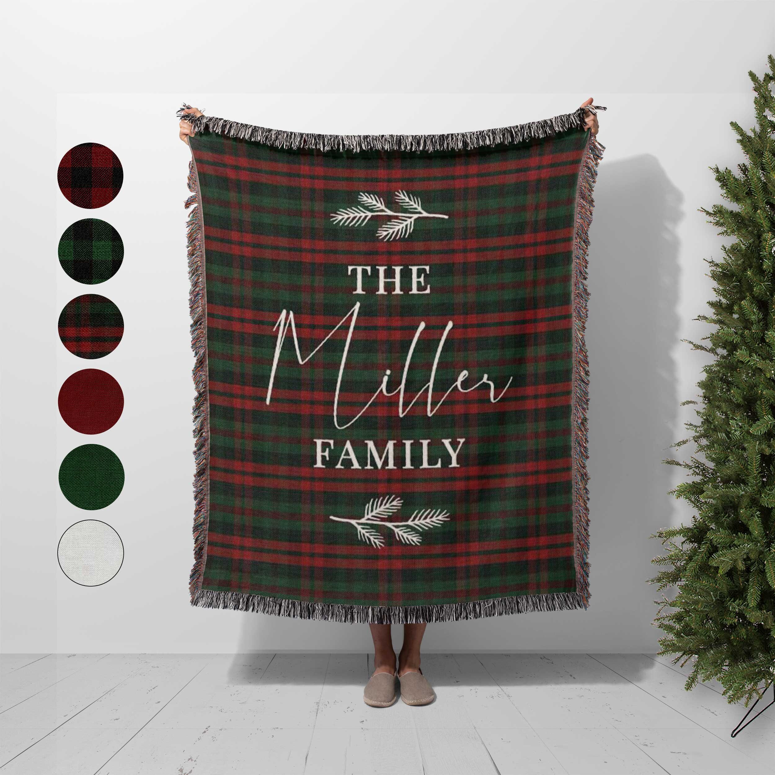 Custom Woven Christmas Tapestry Blanket Personalized Throw Blanket with family name, black white, buffalo plaid holiday decor, gift for mom