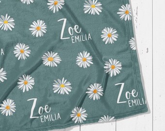 Custom Name Daisy Baby Blanket: Flower Throw for Girl, Personalized Baby Shower Gift, Toddler or Kids, Pink, Blue or Purple