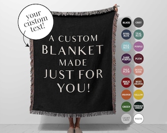 Custom Text Blanket: Personalized Woven Throw with Fringe, Home Decor Gift