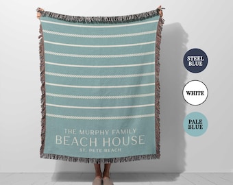 Personalized Beach House Blanket: Woven Throw 100% Cotton, Nautical Coastal Decor for Lake House