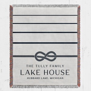 custom blue and white lakehouse woven throw blanket personalized with family name and established year