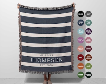 Custom Mr Mrs Wedding Blanket, Personalized Striped Woven Throw, Cotton Anniversary Gift for Couple