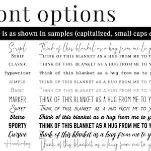 May include: A chart showing 12 different font styles with the text "Think of this blanket as a hug from me to you" written in each style. The font styles are labeled with numbers 1 through 12 and names like Script, Serif, Classic, Typewriter, Simple, Basic, Marker, Sweet, Retro, Sporty, Cursive, and Handwriting.