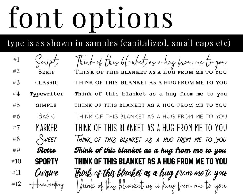 Puede incluir: Un gr&aacute;fico que muestra 12 estilos de fuente diferentes con el texto "Think of this blanket as a hug from me to you" escrito en cada estilo. Los estilos de fuente est&aacute;n etiquetados con los n&uacute;meros del 1 al 12 y nombres como Script, Serif, Cl&aacute;sico, M&aacute;quina de escribir, Simple, B&aacute;sico, Marcador, Dulce, Retro, Deportivo, Cursiva y Escritura a mano.