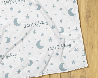 Custom Baby Blanket: Blue Stars & Moons Personalized Throw for Boys and Girls, Nursery Decor, Baby Shower Gift