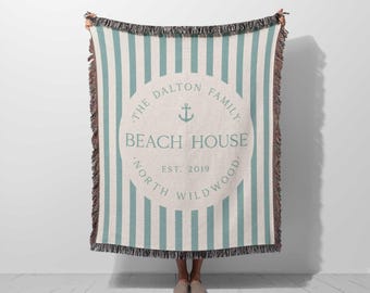 Personalized Beach House Woven Blanket: Coastal Nautical Throw, Lake House Gift