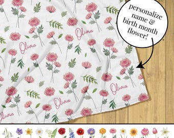 Personalized Birth Month Flower Baby Blanket: Floral Girl Name Throw