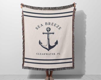 Custom Boat Blanket, Woven Throw Personalized boat name, gift for boaters, family sailboat owners, nautical anchor home decor, lake house