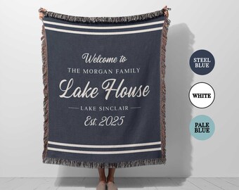 Lake House Woven Blanket Custom Personalized family name Throw blanket gift for beach house home owners, nautical, coastal decor