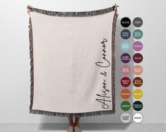 Custom Wedding Blanket with Names: Woven Throw Personalized with Last Name, Cotton Anniversary Gift,  Keepsake