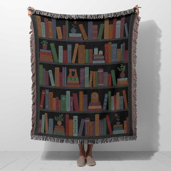 Woven throw blanket book decor, book shelf tapestry, cotton blanket, book lover gift for readers reading lover gifts, bookshelf home decor