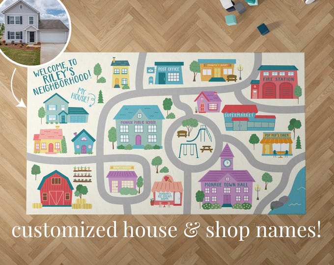 Custom Kids Road Map Rug: Washable Play Mat, Personalized Playroom Decor