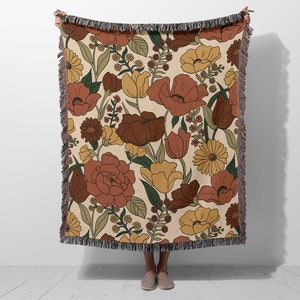 Woven throw blanket retro flowers, 70s vintage aesthetic, cotton tapestry blanket, floral boho bedroom orange brown home decor, unique gift