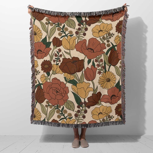 Floral Woven Throw Blanket: 70s Retro Boho Decor - Etsy