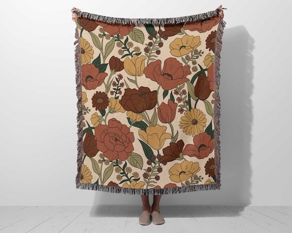 Woven Throw Blanket Retro Flowers, 70s Vintage Aesthetic, Cotton