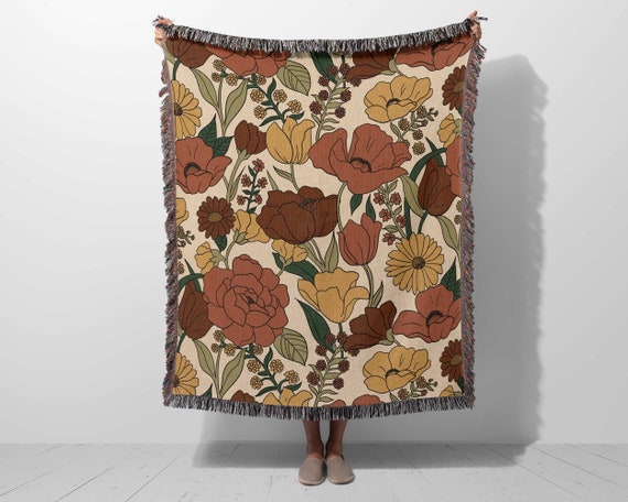 Woven Throw Blanket Retro Flowers, 70s Vintage Aesthetic, Cotton