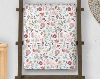 Custom Name Floral Girl Blanket: Baby Nursery or Kids Flower Bedroom Decor, Personalized  Throw for Little Girls