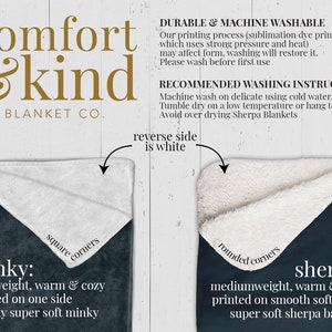 May include: Two blankets, one with square corners and one with rounded corners. The blanket with square corners is a minky fabric, and the blanket with rounded corners is a sherpa fabric. Both blankets are dark blue with white text that says "comfort & kind blanket co." and "reverse side is white".