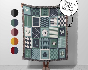 Custom Family Woven Blanket: Quilt Style Wedding Throw, Cotton Anniversary Gift with Personalized icons, Keepsake Gift for Mom, Grandparents