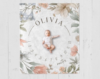 Personalized Baby Girl Milestone Blanket: Custom Name Floral Wreath Month Tracker
