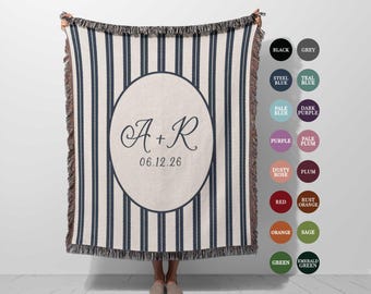 Custom Striped Wedding Blanket with Initials, Personalized Woven Throw, Cotton Anniversary Gift for Couple