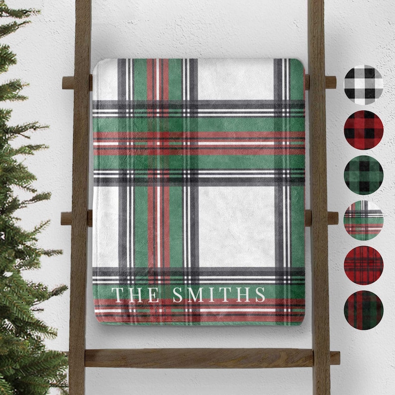 custom plaid christmas throw blanket personalized with last name