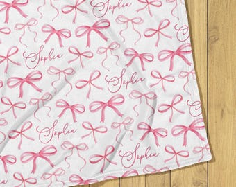Custom Pink Bow Baby Blanket Personalized with Name, Throw for Kids, Little girl Gift, Nursery or Bedroom Decor