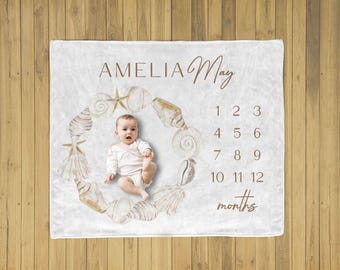 Personalized Sea Shell Baby Milestone Blanket: Ocean Nursery Photo Prop