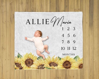 Sunflower Monthly Milestone Blanket: Custom Baby Girl Month Tracker Photo Prop, Personalized with Name
