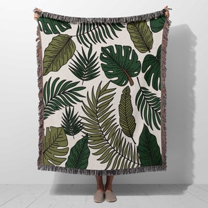 Woven throw blanket tropical leaves, palm leaf monstera plant, cotton tapestry blanket green, nature bedroom decor for girls home decor gift