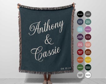 Custom Wedding Blanket: Woven Throw Personalized with Names, Cotton Anniversary Gift,  Keepsake