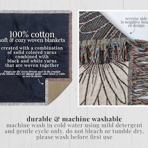 May include: A soft, cozy woven blanket made of 100% cotton. The blanket is created with a combination of solid colored yarns, including black and white. The reverse side of the blanket is a negative image of the design. The blanket is machine washable.