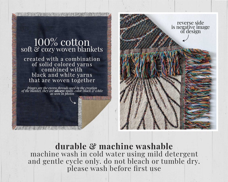 May include: A soft, cozy woven blanket made of 100% cotton. The blanket is created with a combination of solid colored yarns, including black and white. The reverse side of the blanket is a negative image of the design. The blanket is machine washable.