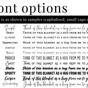May include: A chart displaying 12 different font styles with the text "Think of this blanket as a hug from me to you" written in each style. The font styles are labelled with numbers 1 through 12 and names such as Script, Serif, Classic, Typewriter, Simple, Basic, Marker, Sweet, Retro, Sporty, Cursive, and Handwriting.