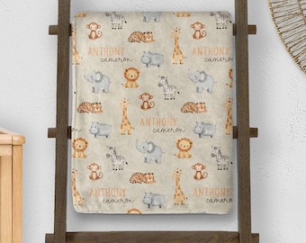 Custom Safari Animal Baby Blanket: Personalized with Name Throw for Boy, Kids Gift