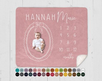 Personalized Baby Girl Milestone Blanket: Pink Bow Month Tracker, Custom Photo Prop with Name