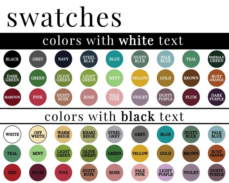 May include: A chart of color swatches with white and black text. The chart shows different shades of blue, green, red, pink, yellow, brown, purple, and grey. The text on the chart includes the names of the colors, such as "steel blue", "dusty rose", and "pale pink".