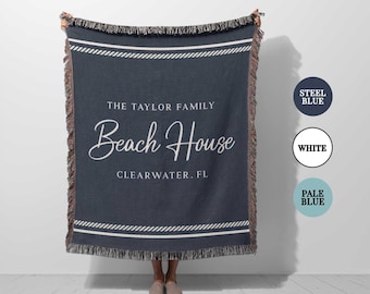 Beach House Woven Blanket Custom Personalized family name Throw blanket gift for lake house owners, nautical, coastal decor
