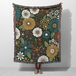 Woven throw blanket colorful flowers, retro aesthetic, floral cotton tapestry blanket, bedroom decor for teenage girls, unique gift for teen