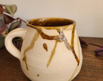 COFFEE DRIP MUG- Handmade, small size, finger handle, drip texture and raw clay outside, coffee-colored glaze inside